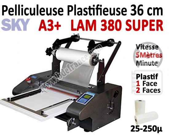 Pelliculeuse et Plastifieuse en Continu - 36 cm A3+ Vitesse : 5 Métres/mn LAM380SUPER SKY Machine à Plastifier